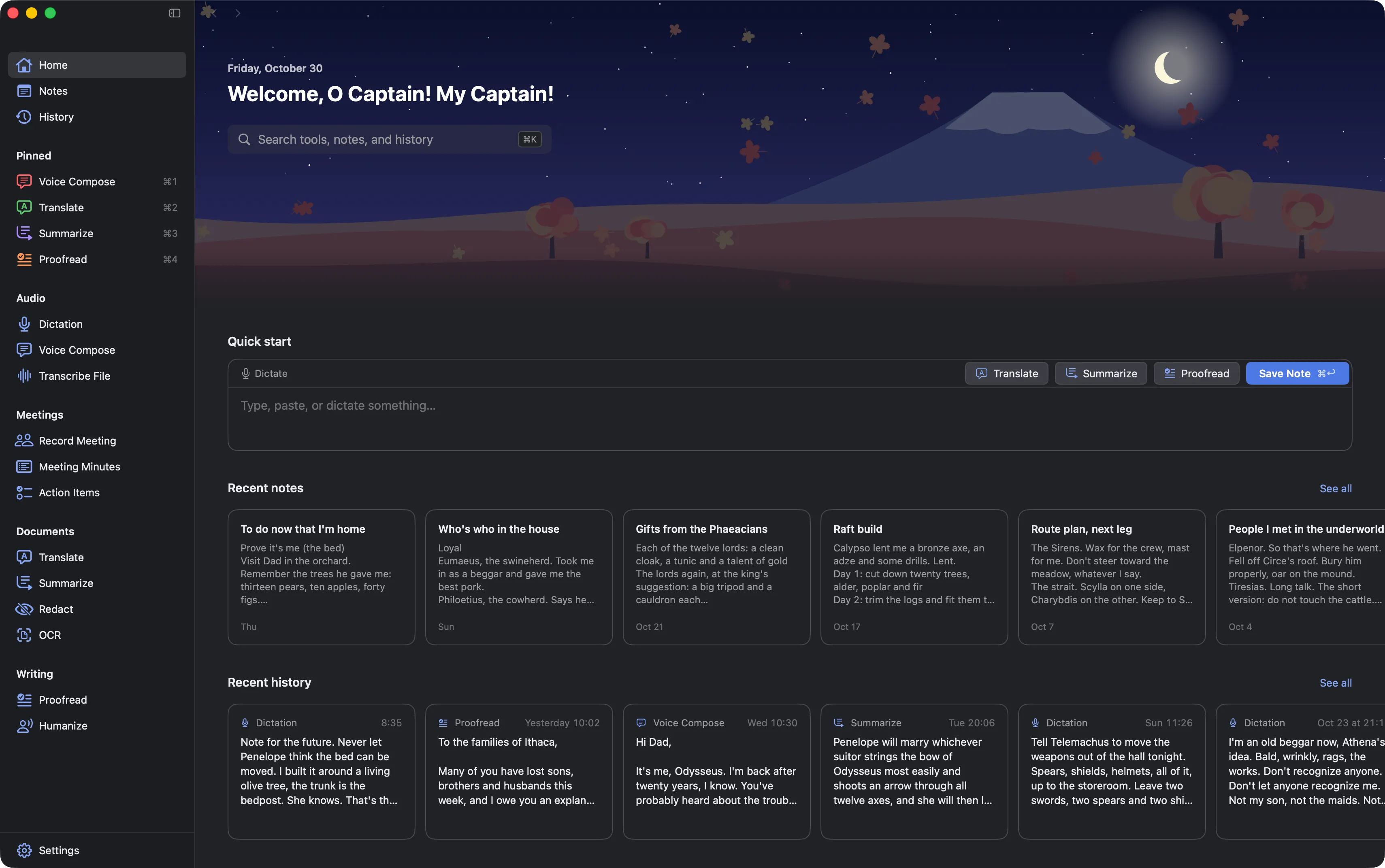 Artifact Four's Home page in dark mode.