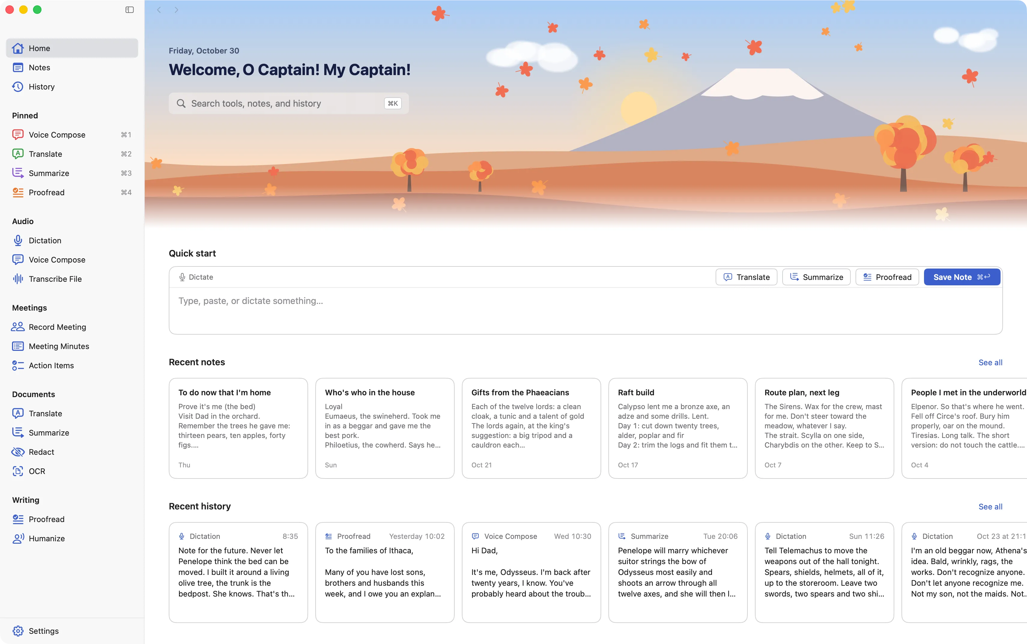 Artifact Four's Home page, with pinned tools, a quick start box, and recent notes.